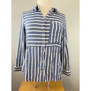 Women's Lee Medium Button Up Blouse Blue White Striped Lighweight Flowy L/S Coll